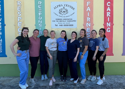 A group of students standing in front of a wall with colorful banners